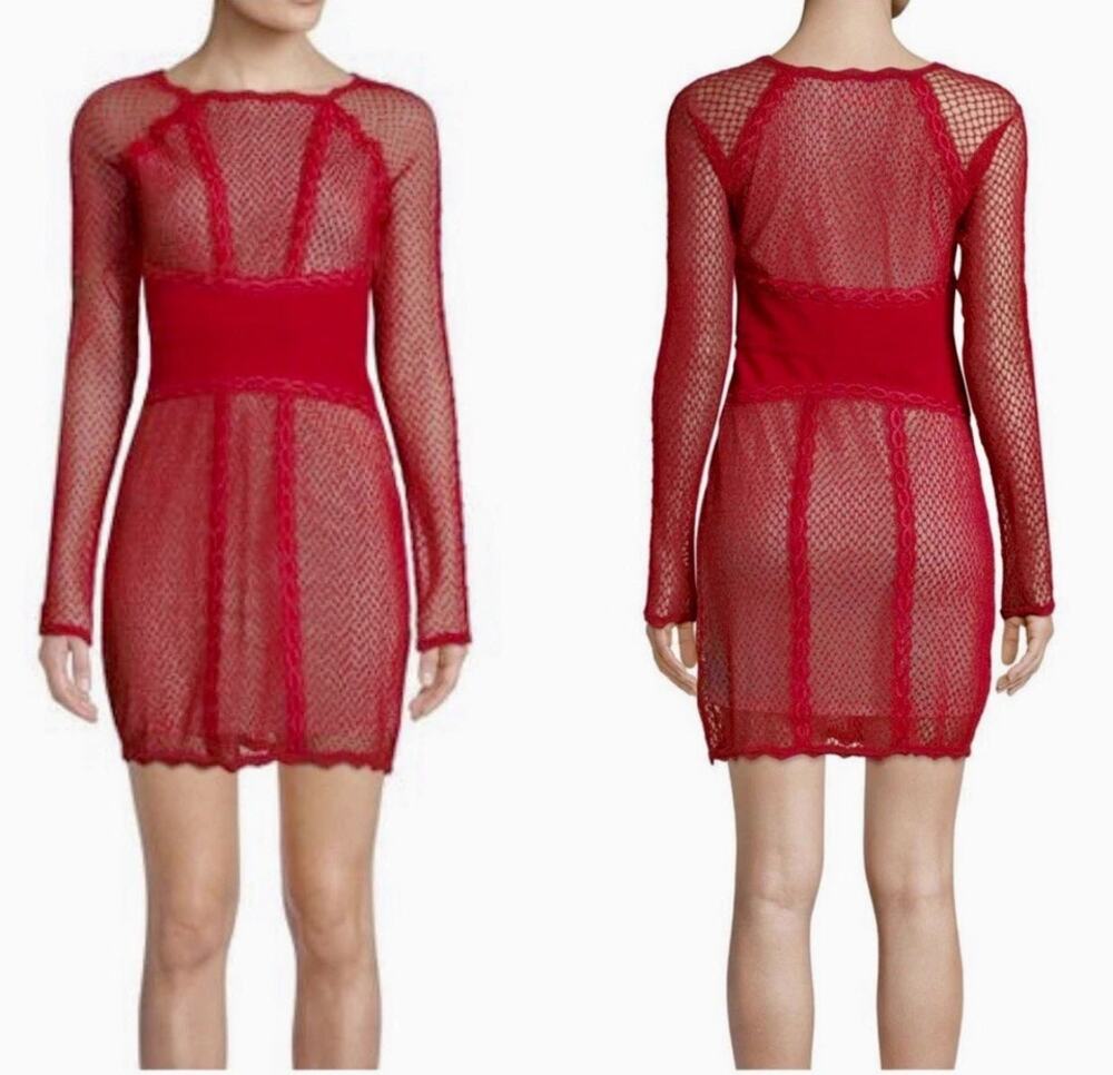 Free People Mixed Mesh & Lace long-Sleeve Bodycon Mini Dress Red Women's Size XS